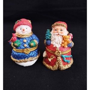Pair Glittery Enamel Christmas Trinket Box with Clasp Santa Snowman W/Cardinal